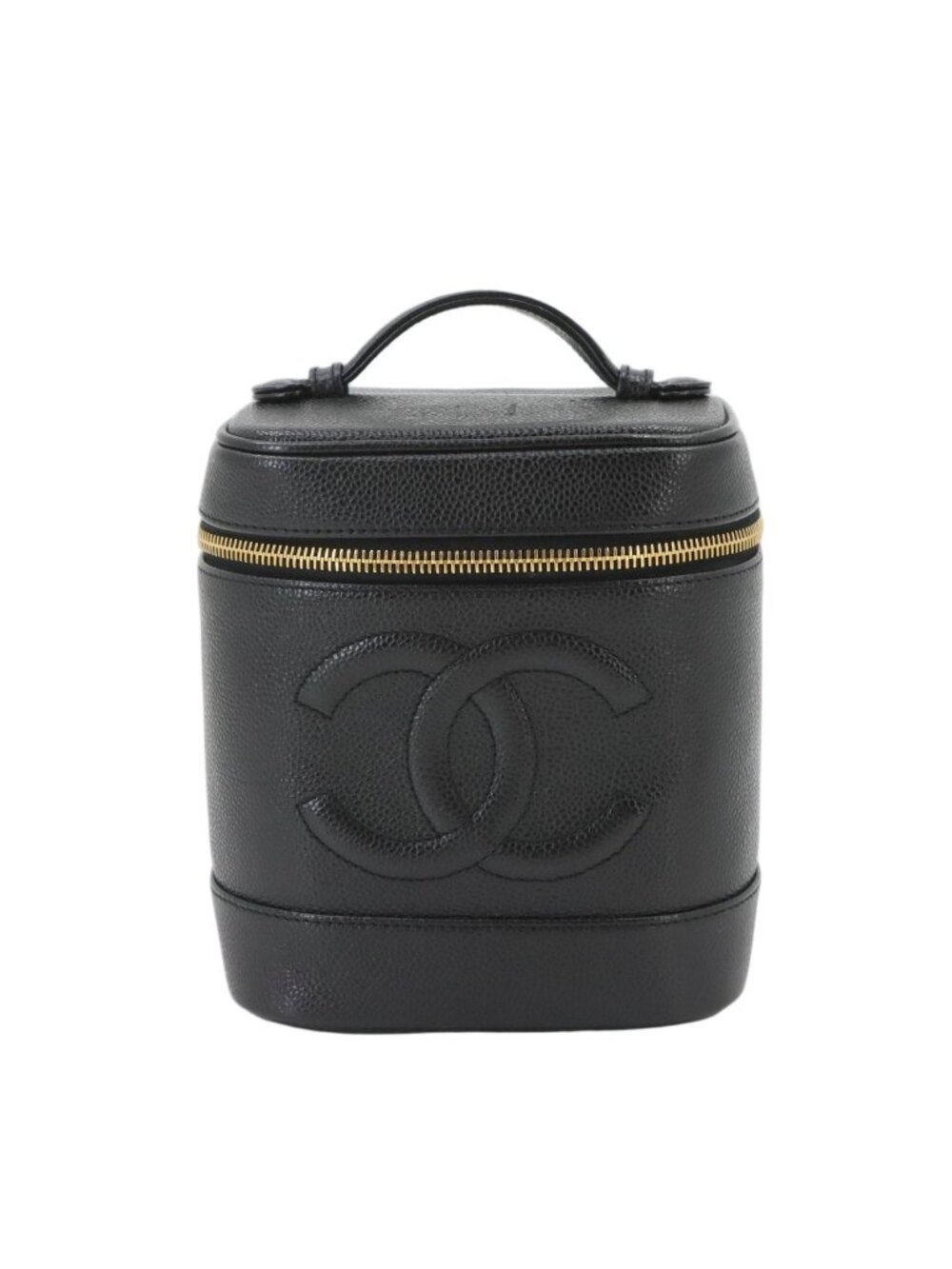 Chanel Vanity Hand Bag Caviar Leather Black CC Logo Gold Bag
